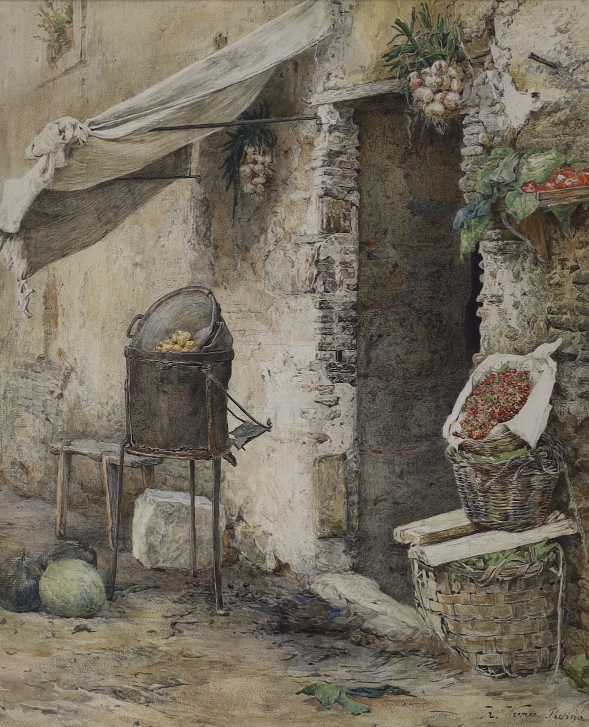 Rudolf G. Werner (1893-1957), watercolour, Produce beside a cottage doorway, signed and inscribed Roma, 46 x 38cm